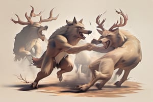 a pack of wolves fighting off a deer Wendigo, spooky, Halloween,3d style