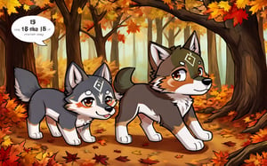 Comic_Strip, a cute wolf pup lost in a forest, autumn_leaves, wolf, chibi