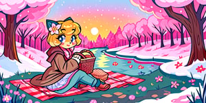 Solo_female,1930s (style), kawaii, outdoor, high_resolution, digital_art,|,a flowery field on a cold winter afternoon next to a brook| old blankets, bench, picnic, ruck_sack, basket, sack|,vectorstyle