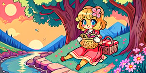 Solo_female,1930s (style), kawaii, outdoor, high_resolution, digital_art,|,a flowery field on a cool summer afternoon next to a brook| old blankets, bench, picnic, ruck_sack, basket, sack|,vectorstyle