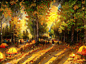 1930s (style),a campground surrounded by fall maple trees on a star-filled  night Sketch, autumn_leaves, star_(sky),Lofi,LOFI,cassdawnlvl1,day,EpicArt