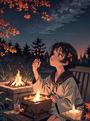 1930s (style), a loli girl in an Adirondack lean-to roasting marshmallows over a campfire looking up at a stary night surrounded by maple trees, Sketch, autumn_leaves, star_(sky),Lofi,LOFI,cassdawnlvl1,day,EpicArt