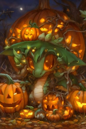 a cute fuzzy emerald dragon witch made of vines, pumpkins, and dandelions, hiding in a spooky pumpkin patch on halloween night, Halloween, chibi, cartoon, cutedragon,urara_shiraishi