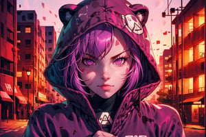 mater piece, beautiful girl in an abandoned town, red_panda, paw_gloves, Fur_boots, animal_marking, face_paint, chocolate_hair, violet_eyes, furry_jacket,yofukashi background, zombies,hinata,1990s \(style\),kusanagi motoko