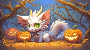 a cute fuzzy emerald dragon dog, witch made of vines, pumpkins, and dandelions, hiding in a spooky pumpkin patch on halloween night, Halloween, chibi, cartoon, cutedragon,urara_shiraishi