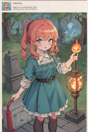 a 12-year-old female welsh grave digger with strawberry blonde hair and glowing ember eyes casting ghostly fire magic with an old magical miners lamp.,Adorable,1girl