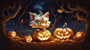 a cute fuzzy emerald dragon dog, witch made of vines, pumpkins, and dandelions, hiding in a spooky pumpkin patch on halloween night, Halloween, chibi, cartoon, cutedragon,urara_shiraishi,Jack o 'Lantern
