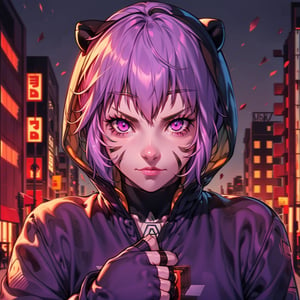 mater piece, beautiful girl in an abandoned town, red_panda, paw_gloves, Fur_boots, animal_marking, face_paint, chocolate_hair, violet_eyes, furry_jacket,yofukashi background, zombies,hinata,1990s \(style\),kusanagi motoko,city