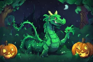 1930s-style cartoon, the emerald dragon witch made of vines hiding in a spooky pumpkin patch on Halloween night,3d style, Gill_man,flatee