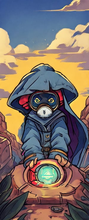 1930s (style),In a desolate world, a young grave digger boy roams the Bioluminescent tundra graveyard, his fur cloak and gas mask shielding him from the toxic air. With his magical miner's lantern and pick ax, he navigates the retro-future, hydro-punk landscape, reminiscent of a 1930s cartoon.  