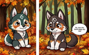 Comic_Strip, a cute wolf pup lost in a forest, autumn_leaves, wolf, chibi