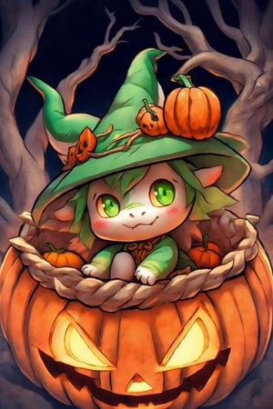 the emerald dragon witch made of vines hiding in a spooky pumpkin patch on Halloween night, Halloween, chibi,DragonCute