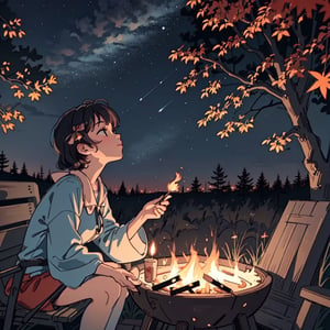 1930s (style), a loli girl roasting marshmallows over a campfire looking up at a stary night surrounded by maple trees, Sketch, autumn_leaves, star_(sky),Lofi,LOFI,cassdawnlvl1,day,EpicArt