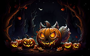 Comic_Strip, a cute scared wolf pup lost in a haunted forest, autumn_leaves, wolf, chibi, night, spooky,cute00d,Jack o 'Lantern,Cute_Ghost