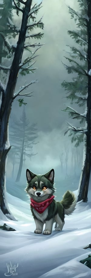 Masterpiece, A small, trembling wolf pup with shaggy fur the color of sage green, lost in a foggy and haunted snow covered forest. Its eyes dart around nervously, searching for a way out. Suddenly, it spots a graveyard in the distance, sending shivers down its spine. The pup clutches onto its old, tattered green neck bandana for comfort, but it knows it's in for a spooky adventure.,chibi