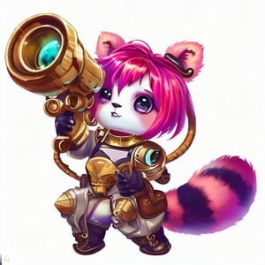 adorable and silly, female red panda, space suit, pink and purple striped hair, sci-fi brass fantastical telescope