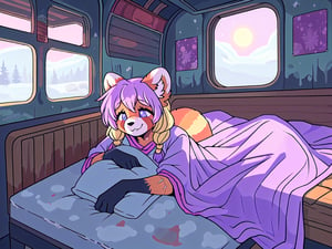 1930s (style), kawaii, oil_lanterns,((inside a broken down dirty,  old abandoned train car with the soft winter sun shinning softy through the front windows, old blankets, bench,old mattress,)), ((red_panda, long_lavender_hair, sapphire_eyes, anthromorph, high_resolution, digital_art, cute_fang, bed_head, curvy_figure, body scars, female, indoors, violet_fur, boho_dress, streaked_hair, sleepy, happy_face, cute, sleeping, ripped_clothing, poor, winter_clothes, sack, gloves,  teenagee)),