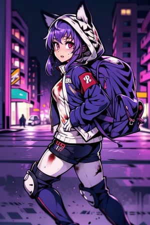 mater piece, beautiful girl in an abandoned zombie filled city, red_panda, paw_gloves, Fur_boots, animal_marking, face_paint, chocolate_hair, violet_eyes, furry_jacket,yofukashi background, zombies,hinata,1990s \(style\),kusanagi motoko,city,chundef, action_pose, battle_stance, back_pack,running,teenage , ripped_clothing, bloody_clothes, sweatpants,Circle