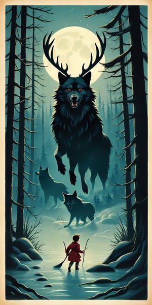 Create a captivating and whimsical a 1950s movie poster for a 1920s  for the juvenile horror/humor novel titled "The Howl of the Wendigo," part of the series "The Wolves of Blood Creek" by J.R. Ghostwood.