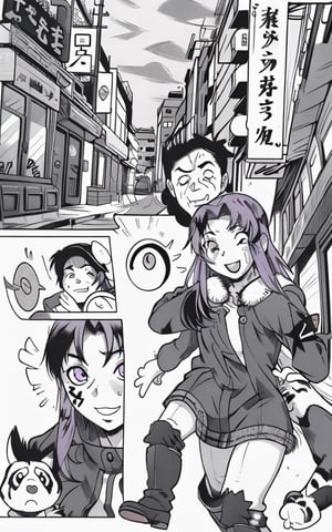 Comic, kawaii,mater piece, beautiful girl in an abandoned zombie filled city, red_panda, paw_gloves, Fur_boots, animal_marking, face_paint, chocolate_hair, violet_eyes, furry_jacket,yofukashi background, zombies,hinata,1990s \(style\),kusanagi motoko,city,chundef, action_pose, battle_stance, back_pack,running,teenage , ripped_clothing, bloody_clothes, sweatpants,Circle,vectorstyle, happy_face, hungry,cammy sf6,c.c.