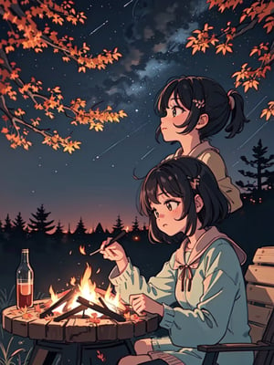 1930s (style), a loli girl in an Adirondack lean-to roasting marshmallows over a campfire looking up at a stary night surrounded by maple trees, Sketch, autumn_leaves, star_(sky),Lofi,LOFI,cassdawnlvl1,day,EpicArt