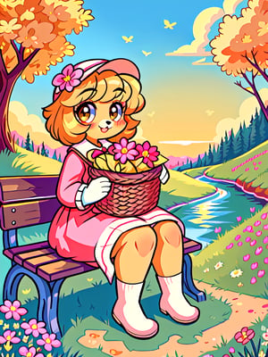 Solo_female,1930s (style), kawaii, outdoor, high_resolution, digital_art,|,a flowery field on a cool summer afternoon next to a brook| old blankets, bench, picnic, ruck_sack, basket, sack|,vectorstyle