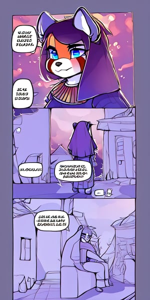 (A girl lost in a Sami-Egyptian slum running for Jackal guards) a Sami-Egyptian mountain village, nestled in the cliffs, and traditional lanterns, with a peaceful and isolated atmosphere,1 page manga,  sexy,red_panda, ancient_egyptian, lavender_hair, blue_eyes, anthromorph, high_resolution, digital_art, cute_fang, golden_jewelry, messy_hair, curvy_figure, red loin_cloth, body scars,bifang,cartoon_white,gzchan