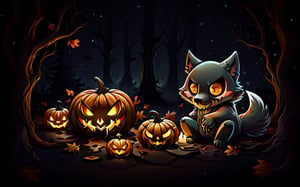 Comic_Strip, a cute scared wolf pup lost in a haunted forest, autumn_leaves, wolf, chibi, night, spooky,cute00d,Jack o 'Lantern,Cute_Ghost