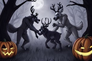a pack of wolves fighting off a deer wendigo, spooky, Halloween