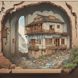 The Happy Bones Orphanage, a two-story Shotgun house with peeling paint and shattered windows, perched on the edge of a rugged canyon overlooking a cascading waterfall, kawaii, 1930s (style),isometric,ChineseWatercolorPainting