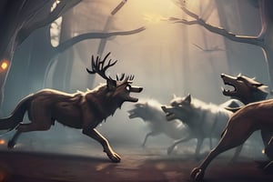 a pack of wolves fighting off a deer wendigo, spooky, Halloween,3d style