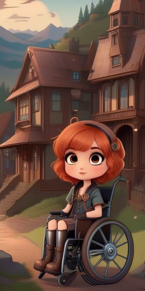 1930s (style), kawaii, chibi, a young shy young copper-haired girl in a wheelchair with a metal leg brace on her left leg, surrounded by a haunted 1920s Oregon mountain town, nestled in the cliffs, ,MetalAI,3d style,xxmixgirl,steampunk style,lofi