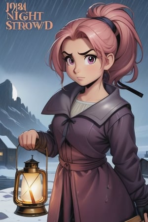 a book cover for a  1990s juvenile cartoon horror with letters that look like melted wax for "Grim Night, by J.R. Ghostwood" a young woman of 14 with short strawberry blonde hair tied up in messy ponytails and ember eyes armed with an Epee and miner's lanterns in cold barren island 1850s town at night during a terrible storm who is being hunted by Vampires, masterpiece, best quality,comic_book_cover, lycanthrope, amber_eyes, windy, raining, pink_hair