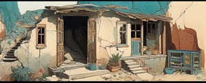 The Happy Bones Orphanage, a two-story Shotgun house with peeling paint and shattered windows, perched on the edge of a rugged canyon overlooking a cascading waterfall, kawaii, 1930s (style),isometric,ChineseWatercolorPainting,oil painting