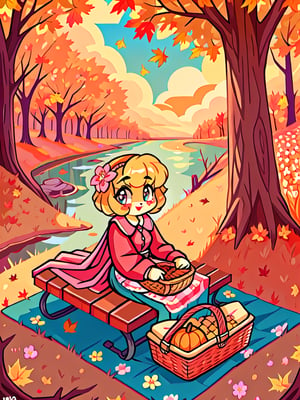 Solo_female,1930s (style), kawaii, outdoor, high_resolution, digital_art,|,a flowery field on a cool autumn afternoon next to a brook| old blankets, bench, picnic, ruck_sack, basket, sack|,vectorstyle