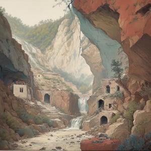 The Happy Bones Orphanage, a two-story Shotgun house with peeling paint and shattered windows, perched on the edge of a rugged canyon overlooking a cascading waterfall, kawaii, 1930s (style),isometric,ChineseWatercolorPainting,oil painting