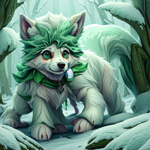 A small, trembling wolf pup with shaggy fur the color of sage green, lost in a foggy and haunted snow covered forest. Its eyes dart around nervously, searching for a way out. Suddenly, it spots a graveyard in the distance, sending shivers down its spine. The pup clutches onto its old, tattered green neck bandana for comfort, but it knows it's in for a spooky adventure.