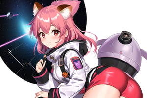 Gallia, an adorable and silly Kemono female red panda in a space suit with pink hair and purple and a sci-fi brass fantastical telescope, cute, storybook illustration,, white background, dieselpunk