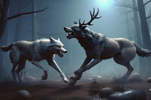 a pack of wolves fighting off a deer Wendigo, spooky, Halloween,3d style,v0ng44g