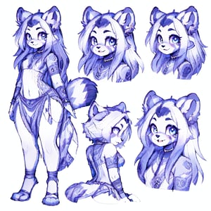(CharacterSheet:1), sexy,red_panda,Indian,Saree, lavender_hair, blue_eyes, anthromorph, high_resolution, digital_art, cute_fang, golden_jewelry, messy_hair, curvy_figure, red loin_cloth, body scars, (multiple views, full body, upper body, reference sheet:1), back view, front view,(white background, simple background:1.2),(dynamic_pose:1.2),(masterpiece:1.2), (best quality, highest quality), (ultra detailed), (8k, 4k, intricate), (50mm), (highly detailed:1.2),(detailed face:1.2), detailed_eyes,(gradients),(ambient light:1.3),(cinematic composition:1.3),(HDR:1),Accent Lighting,extremely detailed,original, highres,(perfect_anatomy:1.2),grayscale 