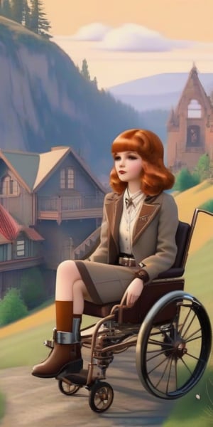 1930s (style), kawaii, a young shy young copper-haired girl in a wheelchair with a metal leg brace on her left leg, surrounded by a haunted 1920s Oregon mountain town, nestled in the cliffs, ,MetalAI,3d style,xxmixgirl,steampunk style,lofi,cyborg style