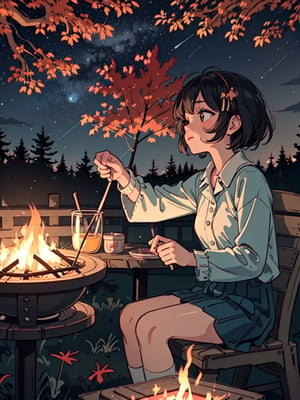 1930s (style), a loli girl in a Adirondack lean-to roasting marshmallows over a campfire looking up at a stary night surrounded by maple trees, Sketch, autumn_leaves, star_(sky),Lofi,LOFI,cassdawnlvl1,day,EpicArt