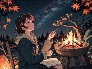 1930s (style), a girl roasting marshmallows over a campfire looking up at a stary night surrounded by maple trees, Sketch, autumn_leaves, star_(sky),Lofi,LOFI,cassdawnlvl1,day,EpicArt
