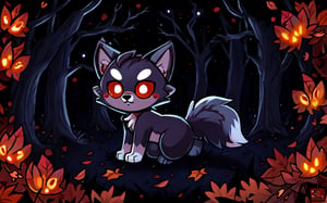 Comic_Strip, a cute scared wolf pup lost in a haunted forest, autumn_leaves, wolf, chibi, night, spooky,cute00d