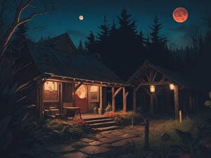 1930s (style), A haunted Adirondack lean-to surrounded by fall ghoulish maple trees on a spooky star-filled night under a blood moon, zombie bride,ppcp