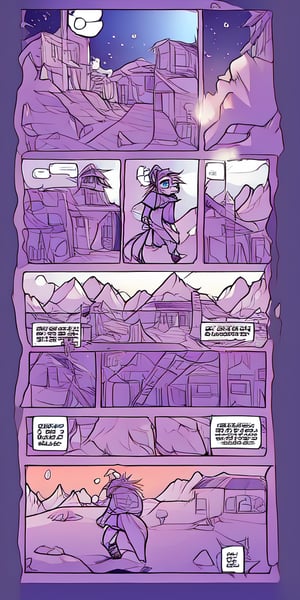 (A girl lost in a Sami-Egyptian slum running for Jackal guards) |masterpiece, Sami_Egyptian, mountain, village, cliffs, traditional lanterns,  peaceful, isolated|,1 page manga,  sexy,red_panda, ancient_egyptian, lavender_hair, blue_eyes, anthromorph, high_resolution, digital_art, cute_fang, golden_jewelry, messy_hair, curvy_figure, red loin_cloth, body scars, scared,|
 anubian_jackal. armor, evil, running|