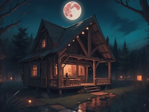 1930s (style), A haunted Adirondack lean-to surrounded by fall ghoulish maple trees on a spooky star-filled night under a blood moon, zombie bride,ppcp