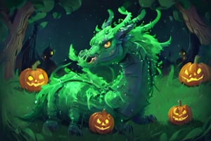 1930s-style, the emerald dragon witch made of vines hiding in a spooky pumpkin patch on Halloween night,3d style, Gill_man,flatee