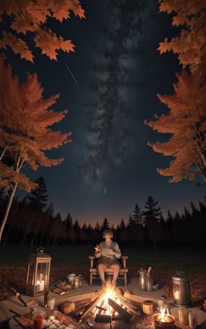 1930s (style), a loli girl roasting marshmallows over a campfire looking up at a stary night surrounded by maple trees, Sketch, autumn_leaves, star_(sky),Lofi,LOFI,cassdawnlvl1,day,EpicArt