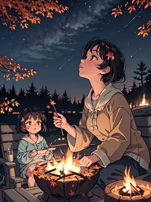 1930s (style), a loli girl in an Adirondack lean-to roasting marshmallows over a campfire looking up at a stary night surrounded by maple trees, Sketch, autumn_leaves, star_(sky),Lofi,LOFI,cassdawnlvl1,day,EpicArt